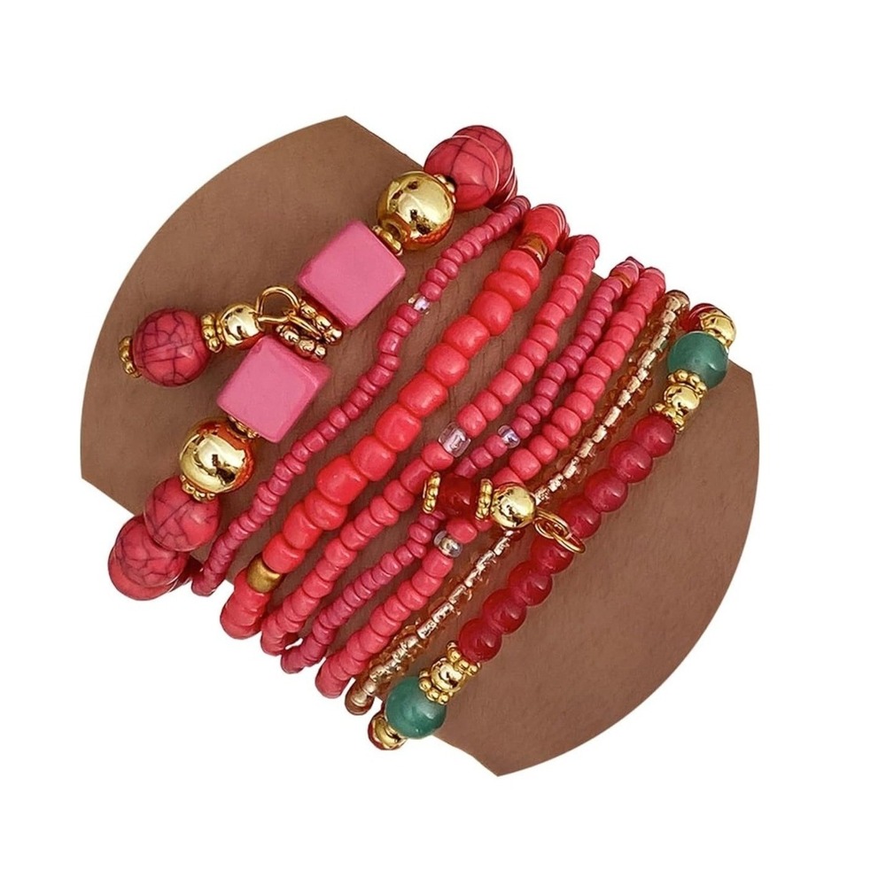 NEW Fashion Jewelry Beaded Bracelet Set Pink Red Boho Stackable Layered
